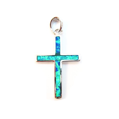 Blue Opal Inlaid Silver Cross Pendant - Click Image to Close